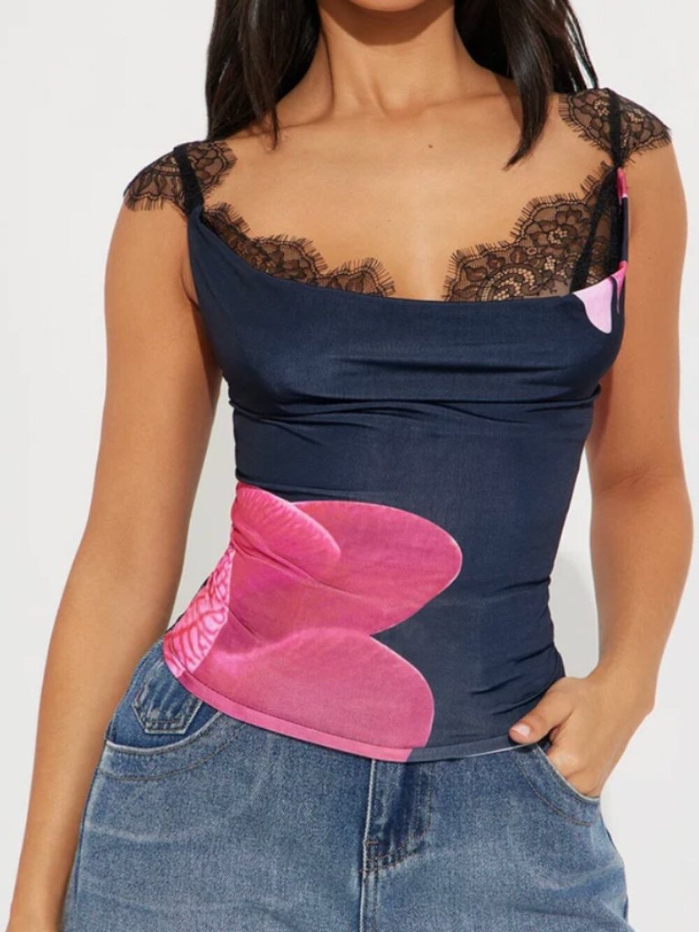 Fashion Nova Black Cowl Neck Lace Tank with Pink Accents